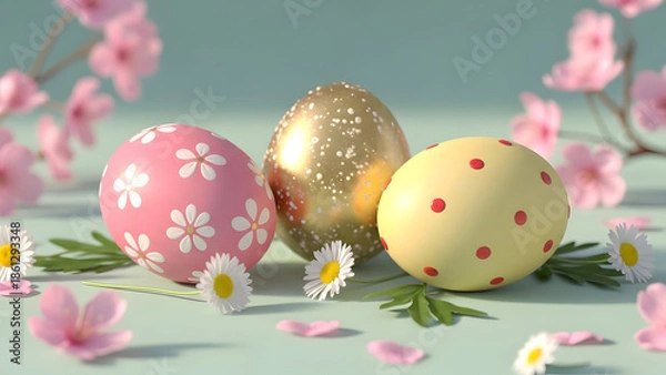 Obraz Easter eggs with floral patterns and daisies vector illustration flat design