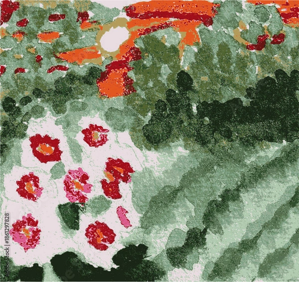 Fototapeta Trees and flowers in spring time. Vector.