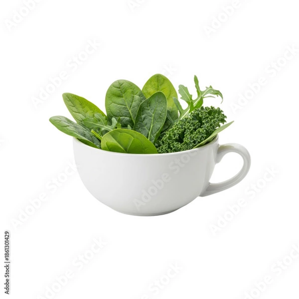 Obraz Spinach kale arugula in white cup