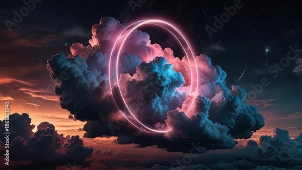 Obraz Abstract clouds with glowing circle in evening sky