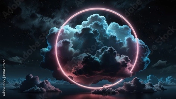 Obraz Neon circle illuminates dramatic clouds at night sky