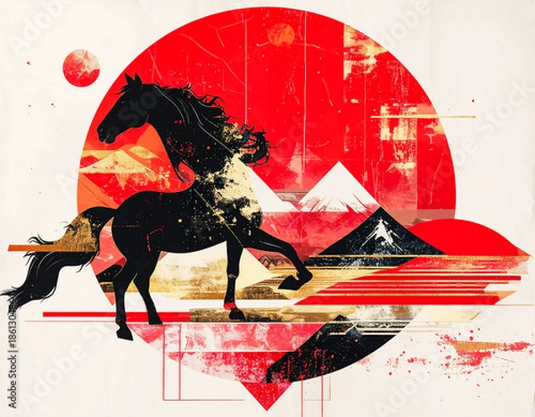 Fototapeta 赤い太陽と富士山を背に躍動する黒馬。金箔と幾何学模様が彩る新春の飛躍アート。