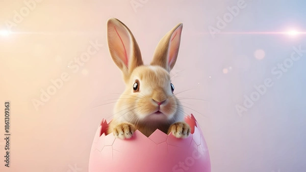 Obraz Cute Easter Bunny Peeking from Pink Egg Vector Illustration Flat Design
