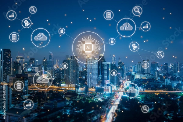 Obraz Ai technology conceptual with city view cloud computing data analysis cyber security