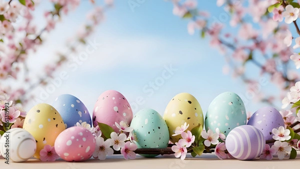 Obraz Colorful Easter eggs with cherry blossoms spring celebration vector illustration