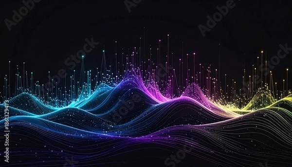 Fototapeta Abstract digital waves surge with glowing lines and points, showcasing data visualization