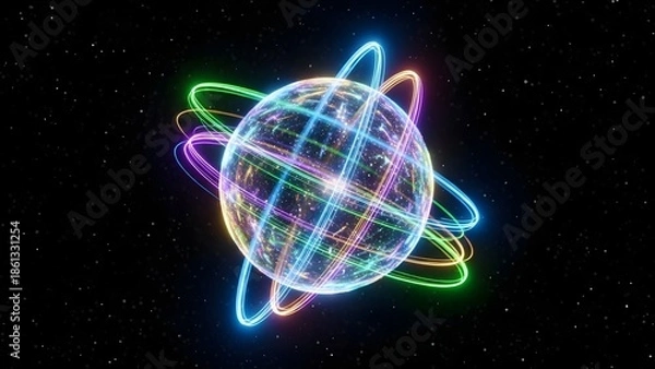 Obraz Glowing Spherical Atom Model with Orbiting Rings in Starry Space