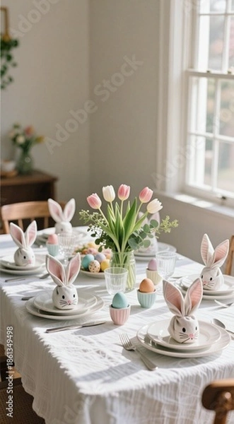 Obraz Easter-themed dining table with rabbit decorations and tulip centerpiece