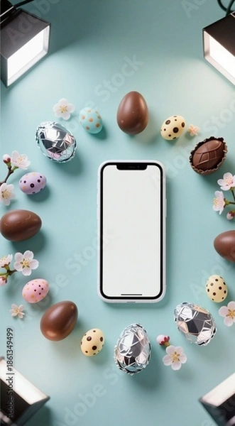 Obraz Smartphone surrounded by decorative easter eggs and blossoms on mint background