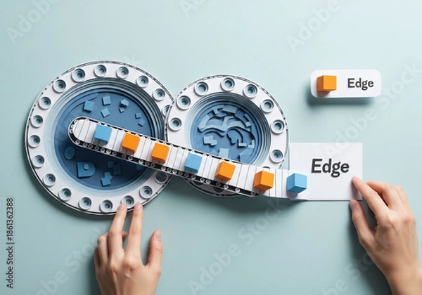 Obraz Paper Art Conveyor Belt Processing Blocks for Edge Computing Concept