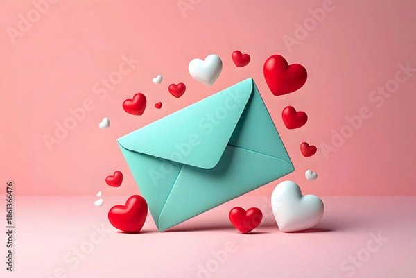 Obraz 3D Open Mint Green Envelope with Exploding Red and White Hearts on Pink Background
