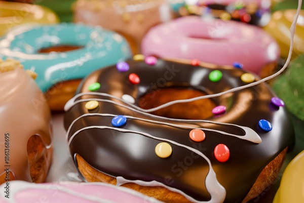 Obraz トレイに並んだカラフルなドーナツに白い液体クリームを垂らす
