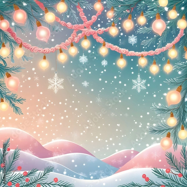 Fototapeta Abstract beauty Christmas and new year background with garland bulb lights and falling snow Vector illustration Eps10