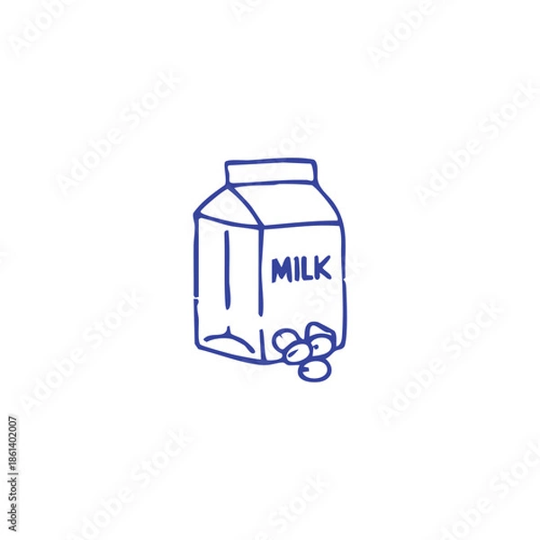 Fototapeta A blue ink drawing of a milk carton with "MILK" on it and some berries beneath