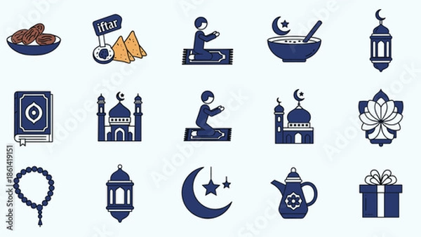 Obraz Ramadan icons set with mosque lantern and iftar elements, Generative AI.
