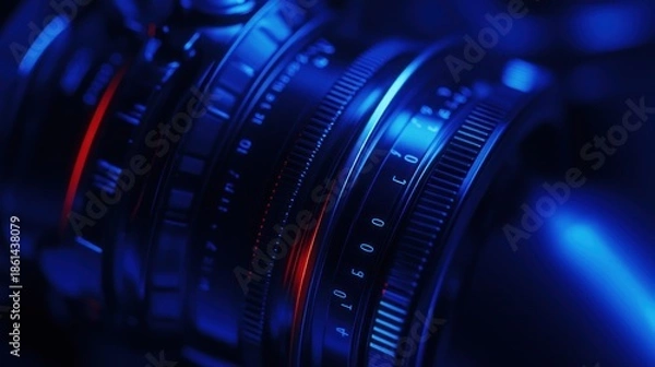 Obraz Camera lens close up blue red lighting metallic texture technology