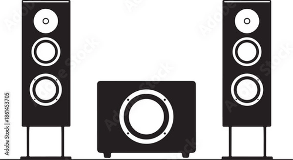 Obraz Black and white illustration of multiple speakers and a subwoofer on stands