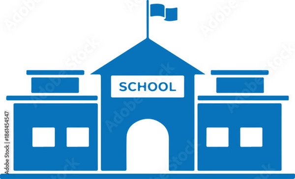 Obraz Blue school building with flags on white background, education symbol