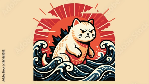 Obraz Giant Catzilla emerges from ocean waves with an angry expression.
