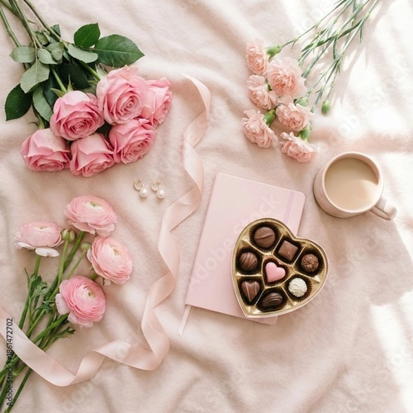 Obraz Romantic Flat Lay with Flowers and Chocolates