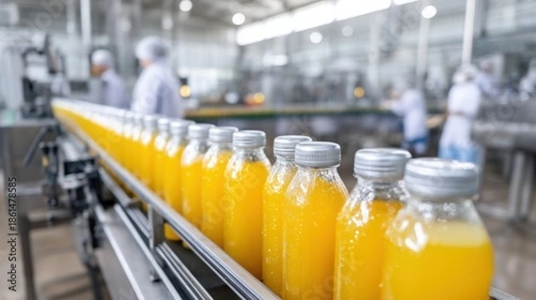 Obraz Bottles filled with orange juice moving along a production line in a factory, showcasing the manufacturing process and efficiency of beverage production