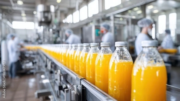 Obraz Bottles of fresh orange juice moving along a production line in a factory, showcasing the manufacturing process and quality control in beverage production