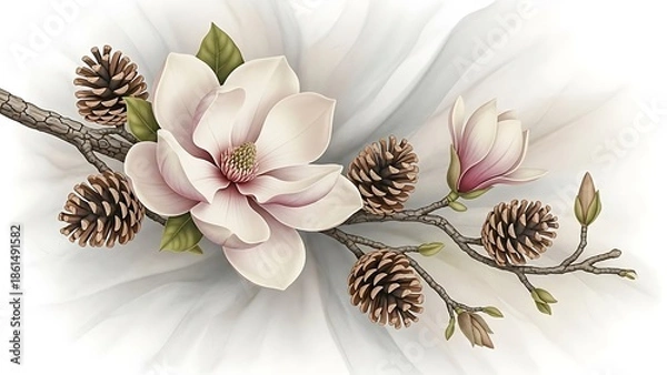 Obraz Delicate magnolia branch with pine cones