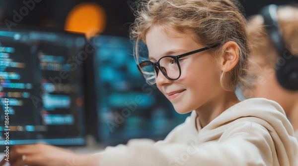 Obraz Young girl coding at a computer, displaying concentration and creativity. Inspiring future generations in technology and programming.
