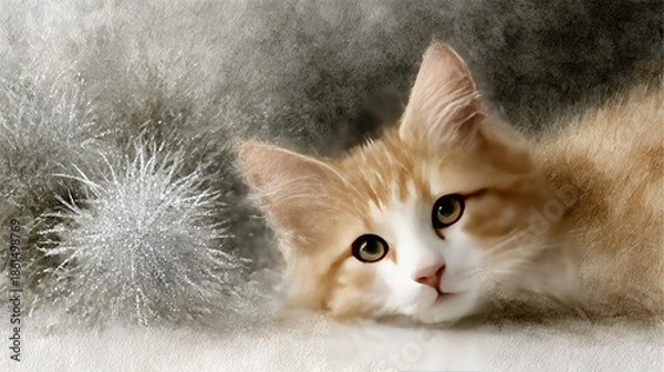 Obraz    a cat in focus against a snowflake-filled backdrop