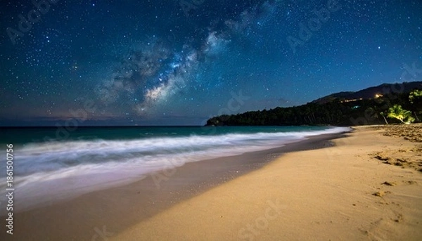 Obraz Night Beach Scene with Milky Way Galaxy, Turquoise Waves, and Silhouetted Trees Creating Cosmic Serenity