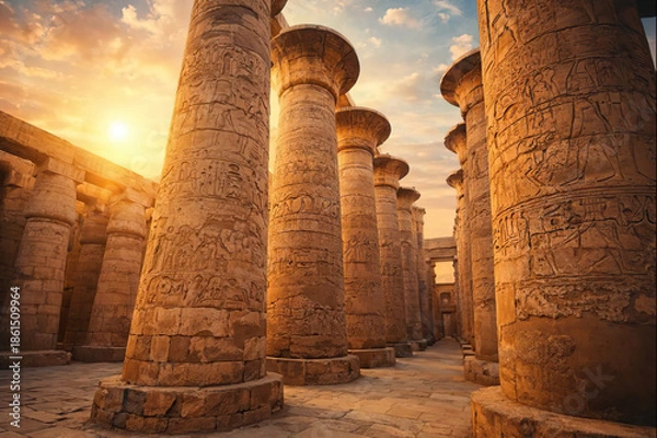 Obraz Karnak temple columns casting long shadows at sunset