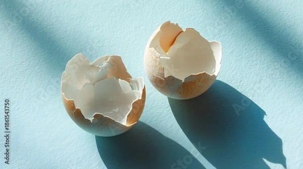 Obraz Two broken chicken eggshells resting on a bright blue surface casting shadows