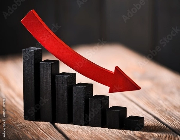 Obraz declining business graph with red arrow pointing downwards over black bar chart on wooden surface symbolizing economic downturn and market decrease in dramatic visual style