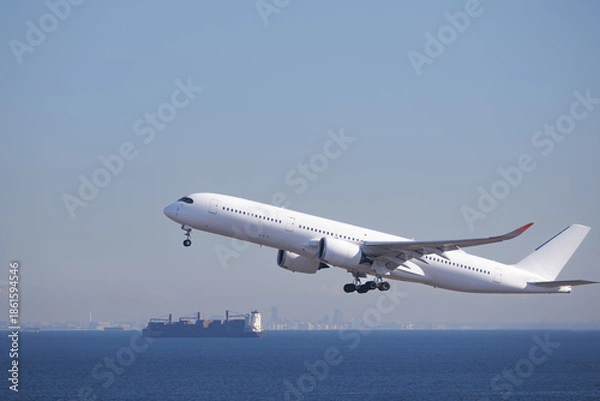 Obraz 羽田空港、空に舞い上がる旅客機と沖を航行する貨物船