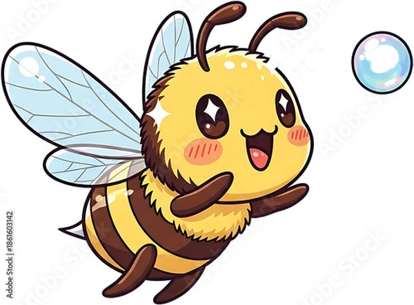 Obraz Cute cartoon bee flying with a bubble.
