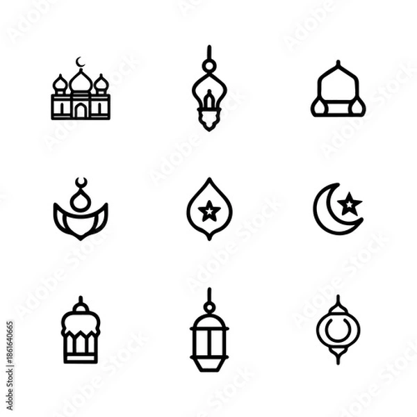 Fototapeta Ramadan Lantern & Islamic Elements Line Icon Set