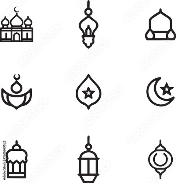 Fototapeta Ramadan Lantern & Islamic Elements Line Icon Set