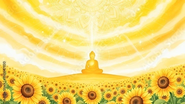 Fototapeta 満開のひまわり畑で静かに瞑想する黄金のブッダと神秘的な光