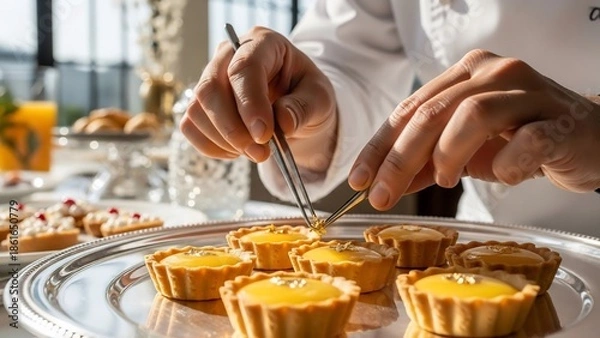 Obraz Pastry Chef Decorating Mini Lemon Tarts.