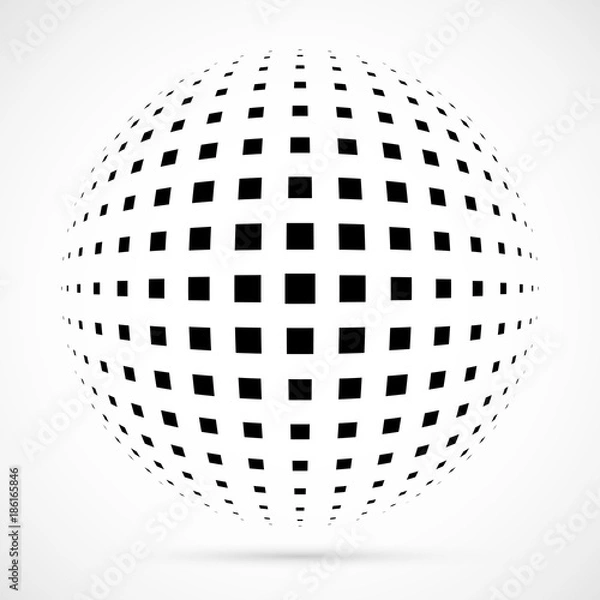 Fototapeta White 3D vector halftone sphere.Dotted spherical background.Logo template with shadow.Square dots isolated on the white background.