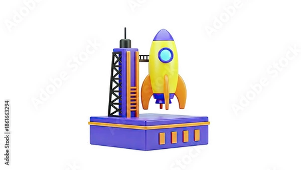 Fototapeta 3D Cartoon Rocket on Launchpad