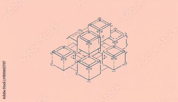 Obraz Interconnected cubes in technical drawing on pink background
