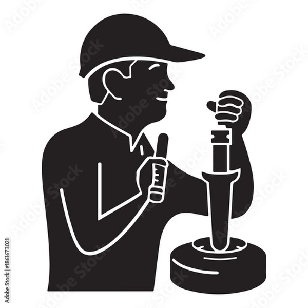 Obraz   Skilled worker in a cap operating equipment with tools for maintenance or repair