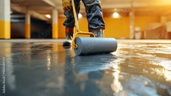 Obraz Worker using a gray waterproof roller on a concrete floor.