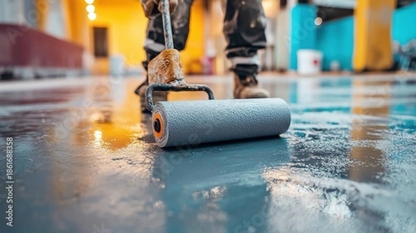Obraz Worker using a gray waterproof roller on a concrete floor.