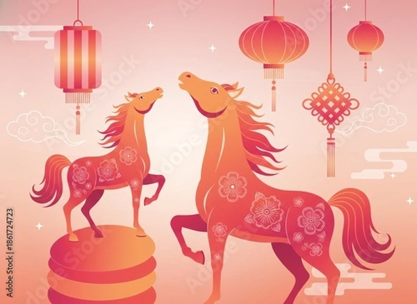 Obraz Auspicious Horses & Lanterns