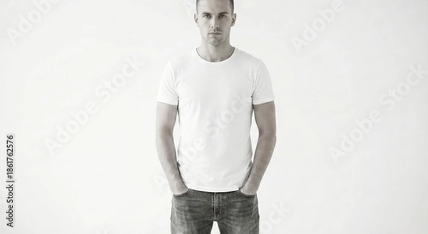 Obraz Handsome man standing, hands in pockets, looking at camera