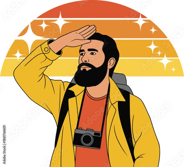 Obraz Man with Camera Shielding Eyes from Sunlight yellow jacket