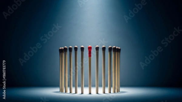Obraz A single red matchstick standing out in a group