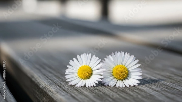 Obraz Two white daisies on a wooden surface